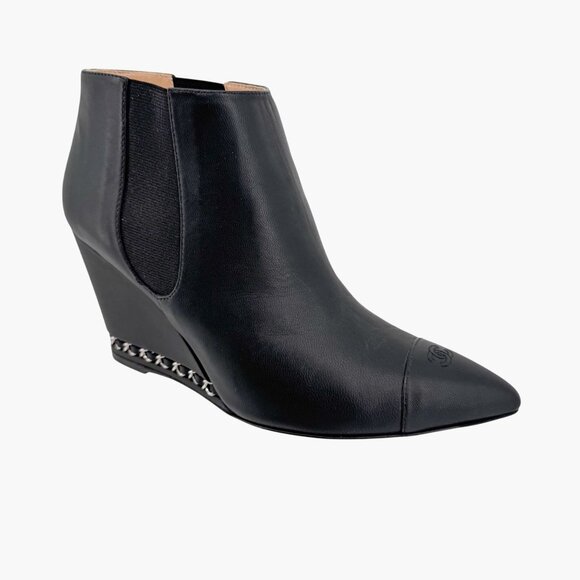 Chanel CC Black Leather Pointed Chain Wedge Ankle Boot Bootie Size 39.5 US 8.5-9 - Picture 9 of 16